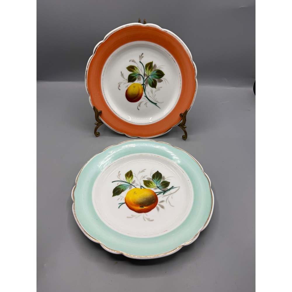 Vtg‎ 2 Hand Painted Fruit Plates Scalloped Gold Trim Orange Mint Green Peach Set